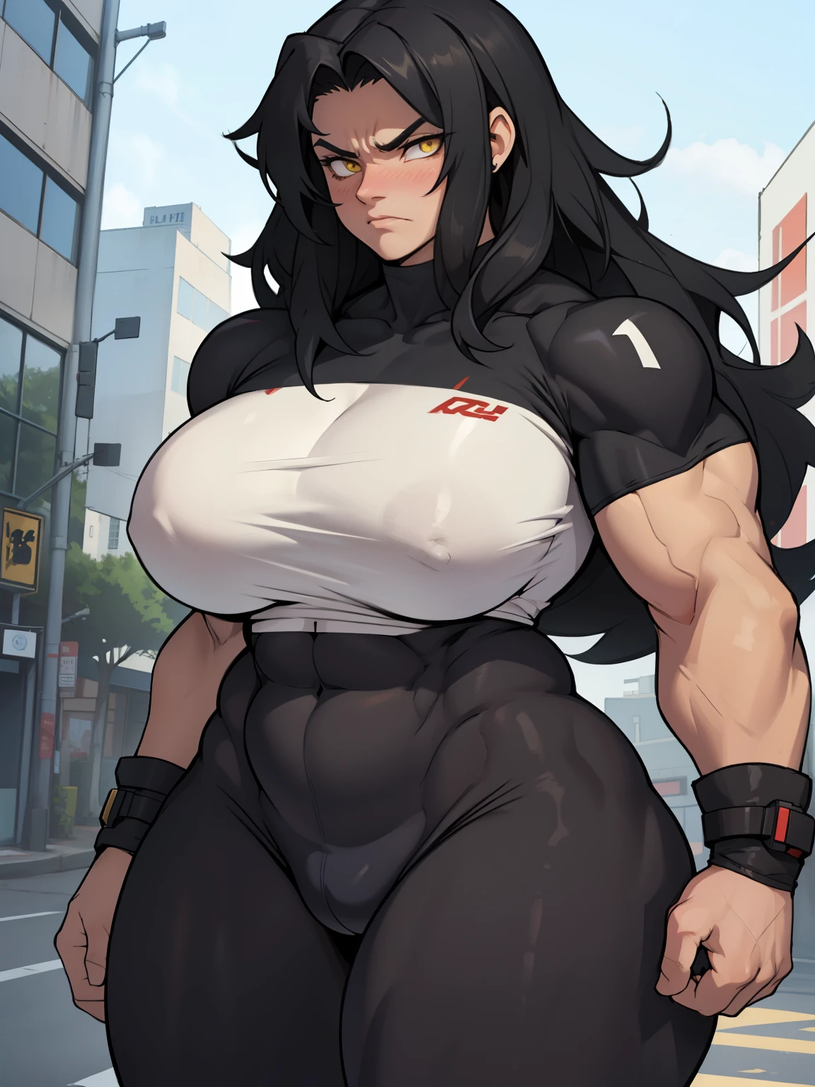 1girl solo black hair yellow eyes very long hair pale skin muscular muscular muscular muscular toned body huge muscles thick thighs girl tight clothes angry blushing messy hair thick thick thick thick thick thick