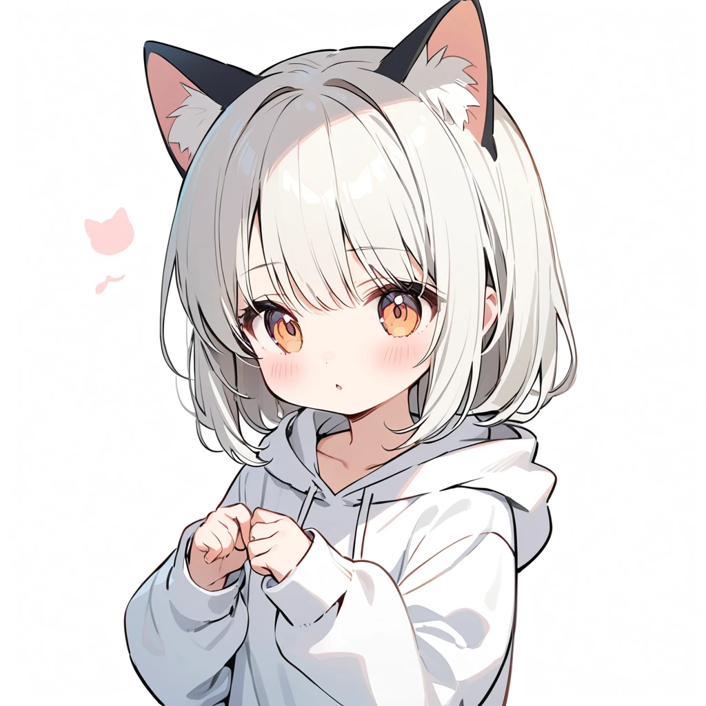 a cute girl,wearing cat ear white hoodie,white background
