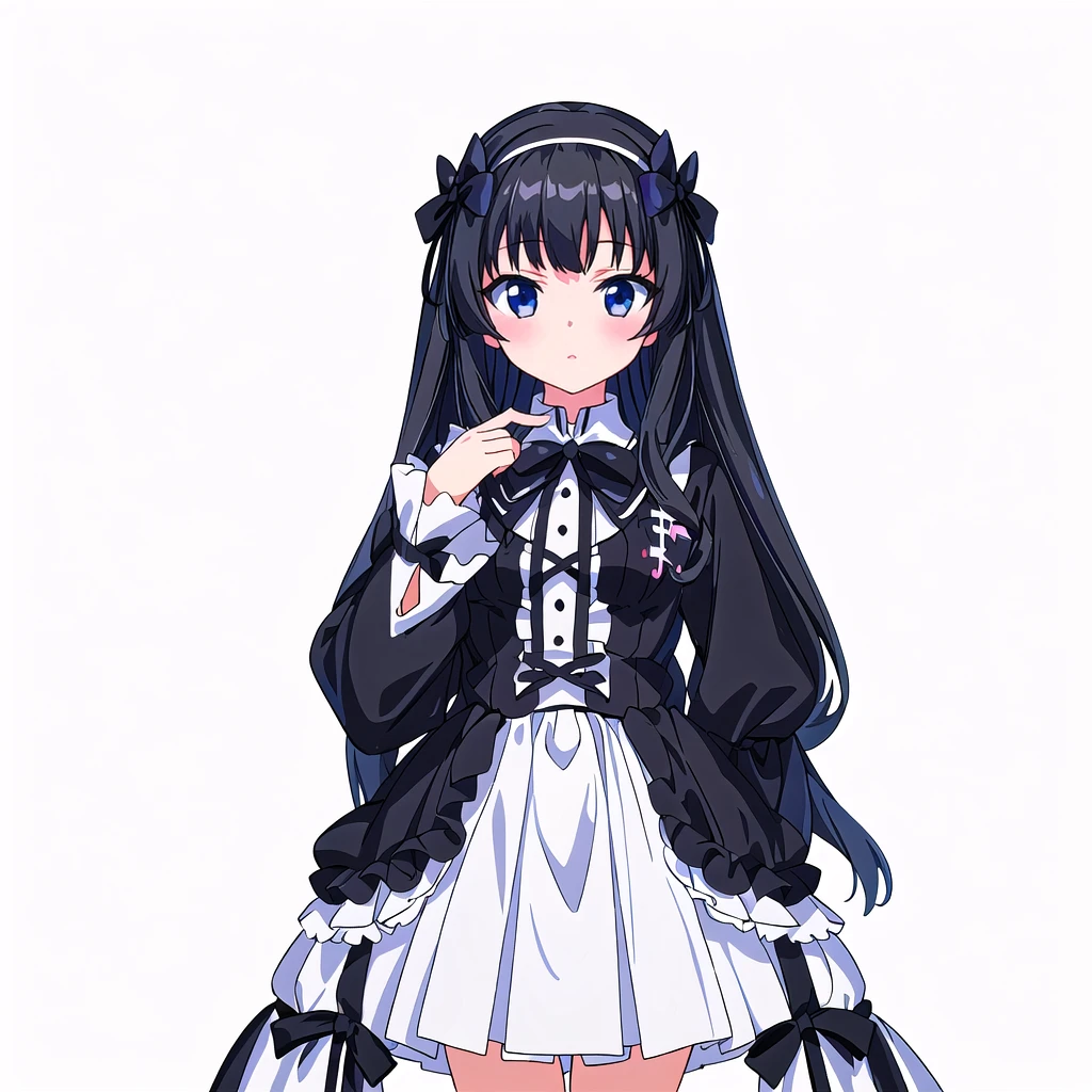 Highest quality, high resolution, High quality game art style, Official Art, whole body, Smooth game CG art, Cute 3D anime girl render, Visual Novel Sprites, White background, whole body, Smooth anime CG art, humanoid woman, JRPG Characters, 白いドレスとBlack Ribbonを着たアニメの女の子, Gothic Lolita,Long skirt, White knee-high socks,Black Haired Anime Girl, Black Ribbon, black eye, Thin legs. long hair, Small Bust, Small breasts, 10 years old,