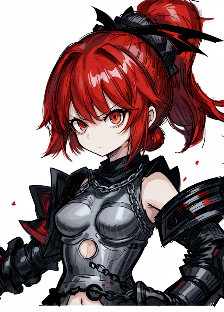 1girl, orenge eyes, red hair, chain mail, ponytail, nice clothes, (high resolution, high detail, best quality),
black background, angry, axe,small breasts