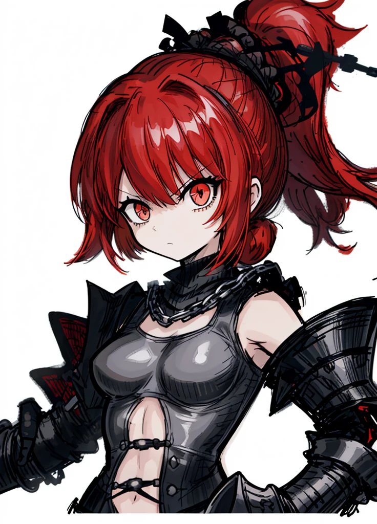 1girl, orenge eyes, red hair, chain mail, ponytail, nice clothes, (high resolution, high detail, best quality),
black background, angry, axe,small breasts