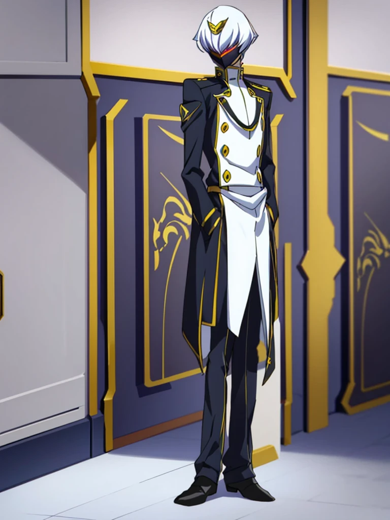 Male, teenager, officer, wearing a formal white militaristic uniform, a lapel, and a full-face mask, athletic build, hands in pockets, standing at attention, daytime hall setting, lone figure, facing viewer, fully in frame, full body shot, Code Geass style, codeGeass, CODEGEASS