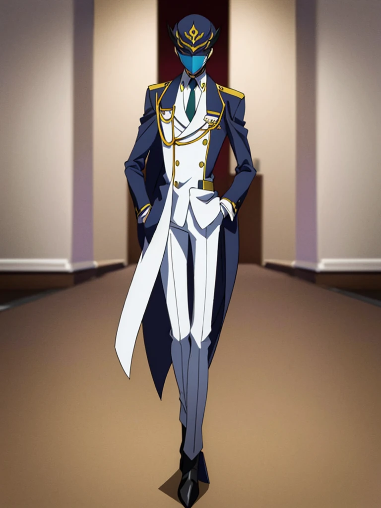 Male, teenager, officer, wearing a formal white militaristic uniform, a lapel, and a full-face mask, athletic build, hands in pockets, standing at attention, daytime hall setting, lone figure, facing viewer, fully in frame, full body shot, Code Geass style, codeGeass, CODEGEASS