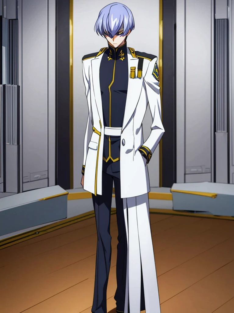 Male, ager, officer, wearing a formal white militaristic uniform, a lapel, and a full-face mask, athletic build, hands in pockets, standing at attention, daytime hall setting, lone figure, facing viewer, fully in frame, full body shot, Code Geass style, codeGeass, CODEGEASS