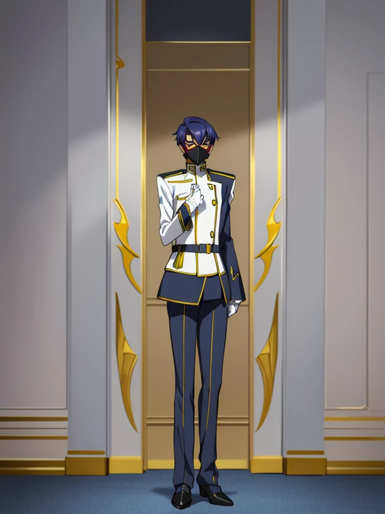 Male, teenager, officer, wearing a formal white militaristic uniform, a lapel, and a full-face mask, athletic build, hands in pockets, standing at attention, daytime hall setting, lone figure, facing viewer, fully in frame, full body shot, Code Geass style, codeGeass, CODEGEASS