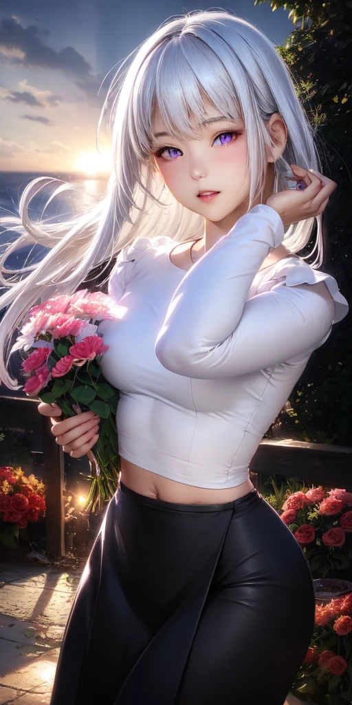 realistic, 1girl, white hair, purple eyes, glowing eyes, crop top, skirt, parted lips, blush, night, flowers, sun, sunlight,