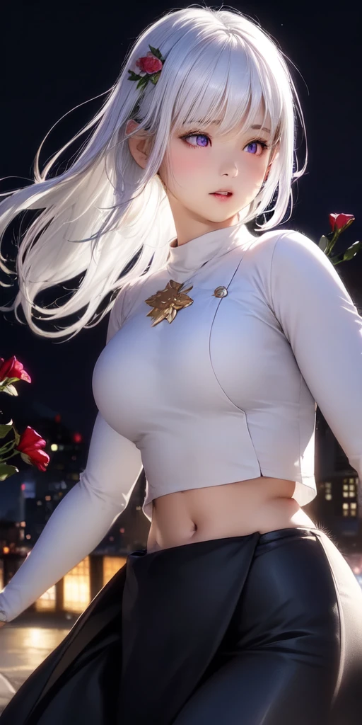 realistic, 1girl, white hair, purple eyes, glowing eyes, crop top, skirt, parted lips, blush, night, flowers, sun, sunlight,