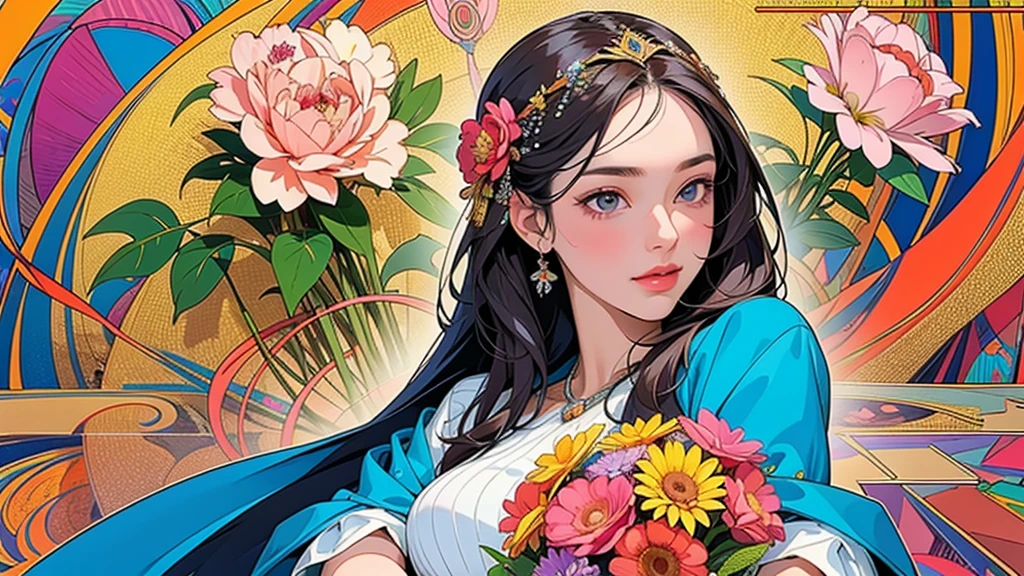 (ultra-Detailed Background, Detailed Background), Absurd, High resolution, Super detailed, Very detailed, One girl, (bouquet:1.3), (Tangled:1.2), (Geometric:1.2),(colorful),