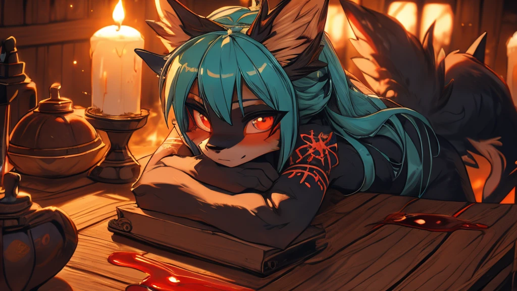 Miku Hatsune, add high definition_detail:1, blue fur,kitsune ears, tribal tattoo add_detail:1, in hell add_detail, diabolic girl, batwigns add_detail, lying on a wooden table bathed in blood add_detail 