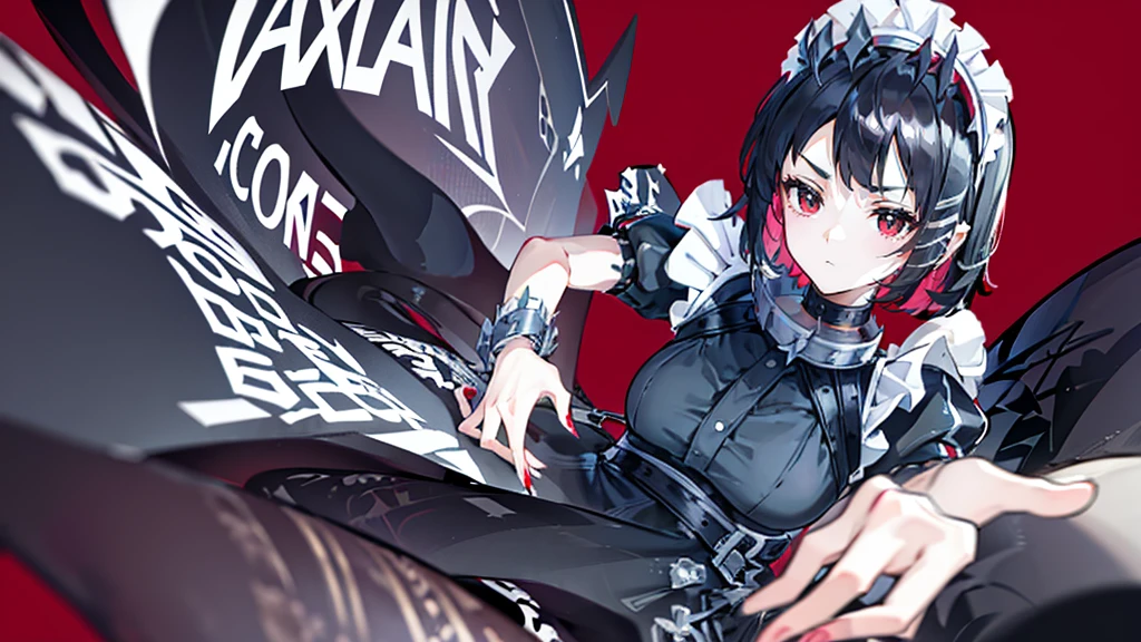 1girl, ager, feminime, goth girl, high quality, fine detail, professional illustration, masterpiece, dynamic angle, young face, girlfriend, tomboy, emo girl, smooth body, young face, dark eyeliners, choker, red background, anime style, teasing, two color hair, sex appeal, dominating, sexually suggestive, dominant girl, indifferent, ellen joe, black hair, colored inner hair, multicolored hair, (red eyes:1.3), red hair, short hair, two-tone hair, apron, black pantyhose, black shirt, black skirt, ear piercing, fins, fish tail, maid, maid apron, maid headdress, pantyhose, piercing, puffy short sleeves, puffy sleeves, shark girl, shark tail, shirt, short sleeves, skirt, tail, two-tone hair, wrist cuffs, from below, tsundere