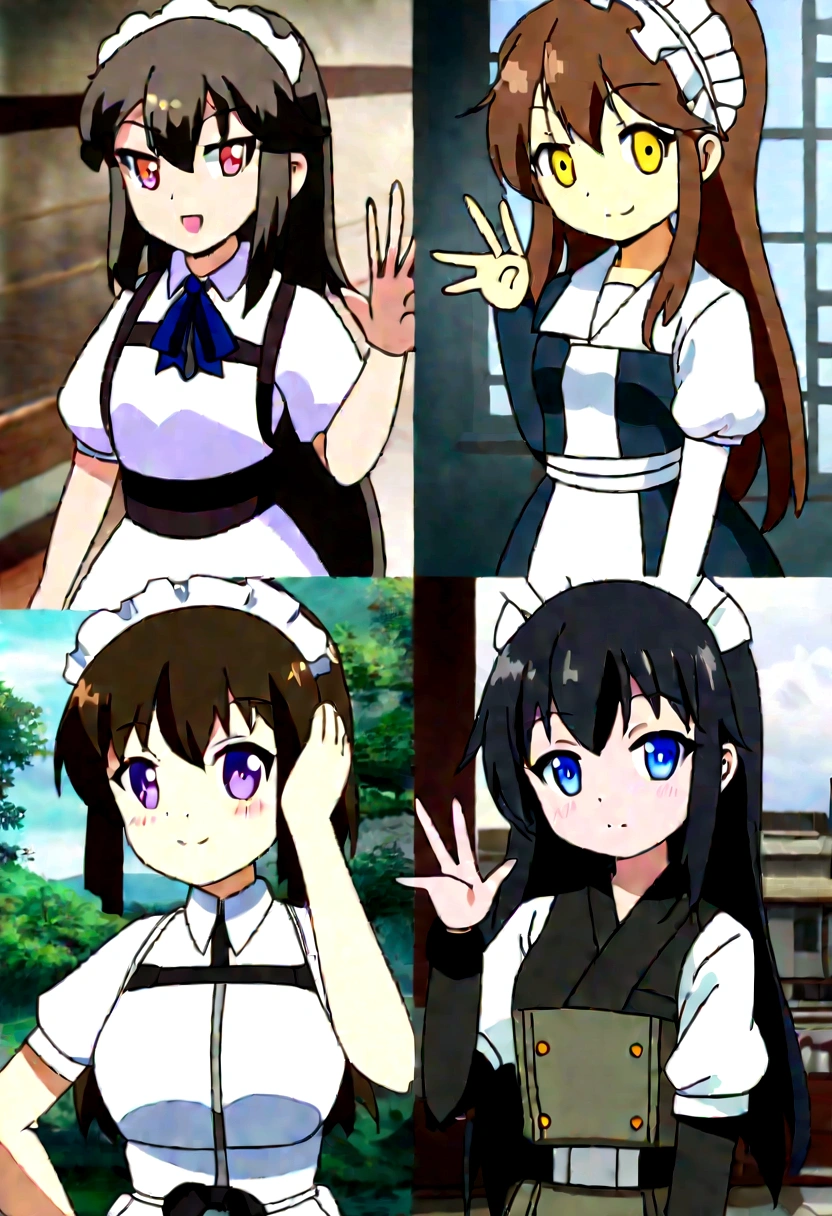 Anime characters with different colored eyes and hair posing for a photo, Girls Frontline Style, Kantai Collection Style, Fate-like anime style/Stay Night, From Girls Frontline, Azur Lane Style, Spectacular anime style, :14 80s anime style, Two different characters, Anime Maid SS Military, Anime visual style, Anime Girls, Anime art style
