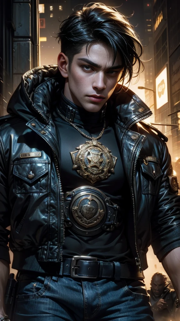 Portrait of emb-haiz, beautiful face, in the cyberpunk city at night. He wears an open leather jacket.,lingerie, jeans negros, dramatic lighting, (police badge:1.2).
