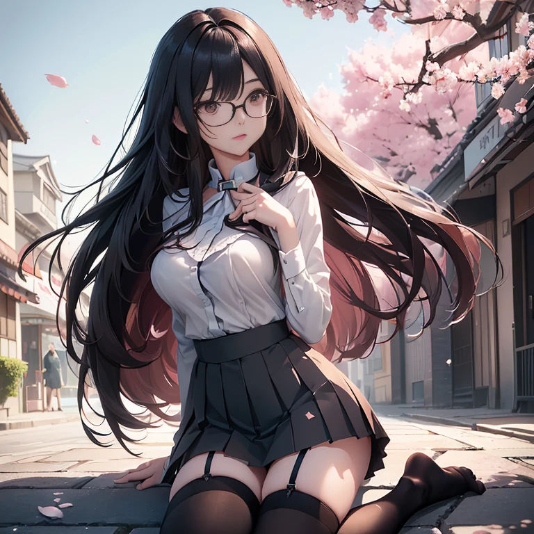 ((best quality)), ((masterpiece)), (detailed), (High contrast natural side daylight, Dynamic lighting, movie lighting), anime style, (((whole body))), Cute Japanese girl, perfect body structure:1.0, attractive body shape, Smooth and fair skin, (((Extra long)))Black slightly wavy hair, Long hair blowing in the wind, ((Super fine hair quality)), ((Shocking hair quality)), ((perfect hair quality)), Long and sexy legs, ((perfect feet quality)), (((Perfect hand quality))), Looks cute, long eye hair, thin eyebrows, big eyes, dark brown pupils, Slightly blush, Smile
((symmetrical clothes, Uniforms, white collar shirt, Black pleated student skirt，dark stockings, Dark student shoes)), Perfect clothing texture, perfect feet, (Beautiful scenery), (Breeze outdoors), Peaceful Japanese city broad streets, spring morning, ((Cherry blossoms)), whole body images, ((Perfect composition)), highlight the subject, (((Eye level photography:1))), (Careful depiction of environmental details:1.5), Depth of field control, ((Turn down color saturation:1.2)), (Japanese style photos:0.3), ((Rimless glasses)), (((Black thigh highs))), ((((garter)))), (((((sweltering chest))))), ((((busty)))), ((well endowed)), ((full chest))