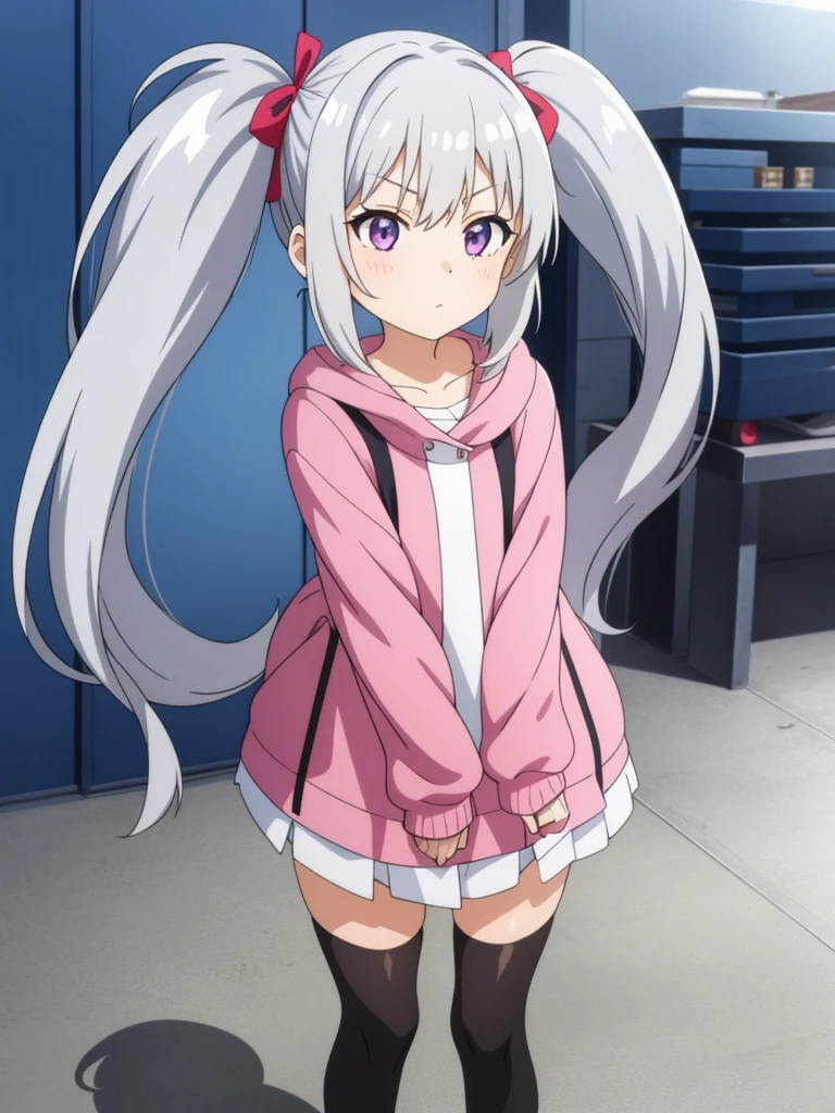 1girl, anime girl, silver hair, long twintails, silver eyes