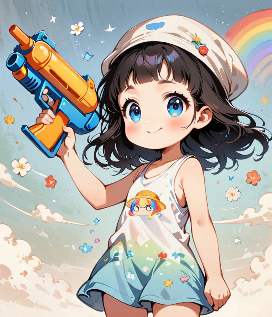 One black-haired man with a sexy gaze、Draw a rainbow with a blue sky background、Play with a water gun、Cartoon style character design,interesting,interesting,Clean Lines