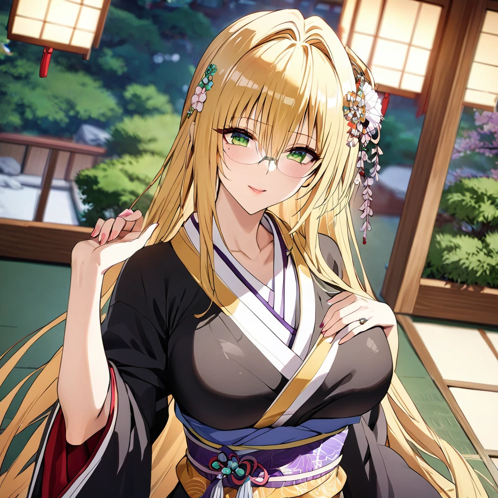 ((Highest quality)), ((masterpiece)), (detailed), (Perfect Face)、The woman in the Japanese garden is a Japanese Tiare, wearing a gorgeous and dazzling kimono, gorgeous hair ornaments, gorgeous jeweled accessories, and an engagement ring.、The woman is an elegant Tieryu with green eyes and blonde medium-long hair. The woman is a Japanese Tieryu wearing a Japanese kimono.