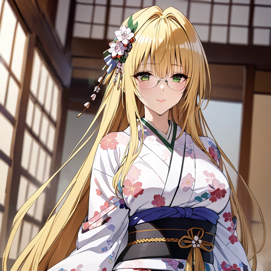 ((Highest quality)), ((masterpiece)), (detailed), (Perfect Face)、The woman in the Japanese garden is a Japanese Tiare, wearing a gorgeous and dazzling kimono, gorgeous hair ornaments, gorgeous jeweled accessories, and an engagement ring.、The woman is an elegant Tieryu with green eyes and blonde medium-long hair. The woman is a Japanese Tieryu wearing a Japanese kimono.