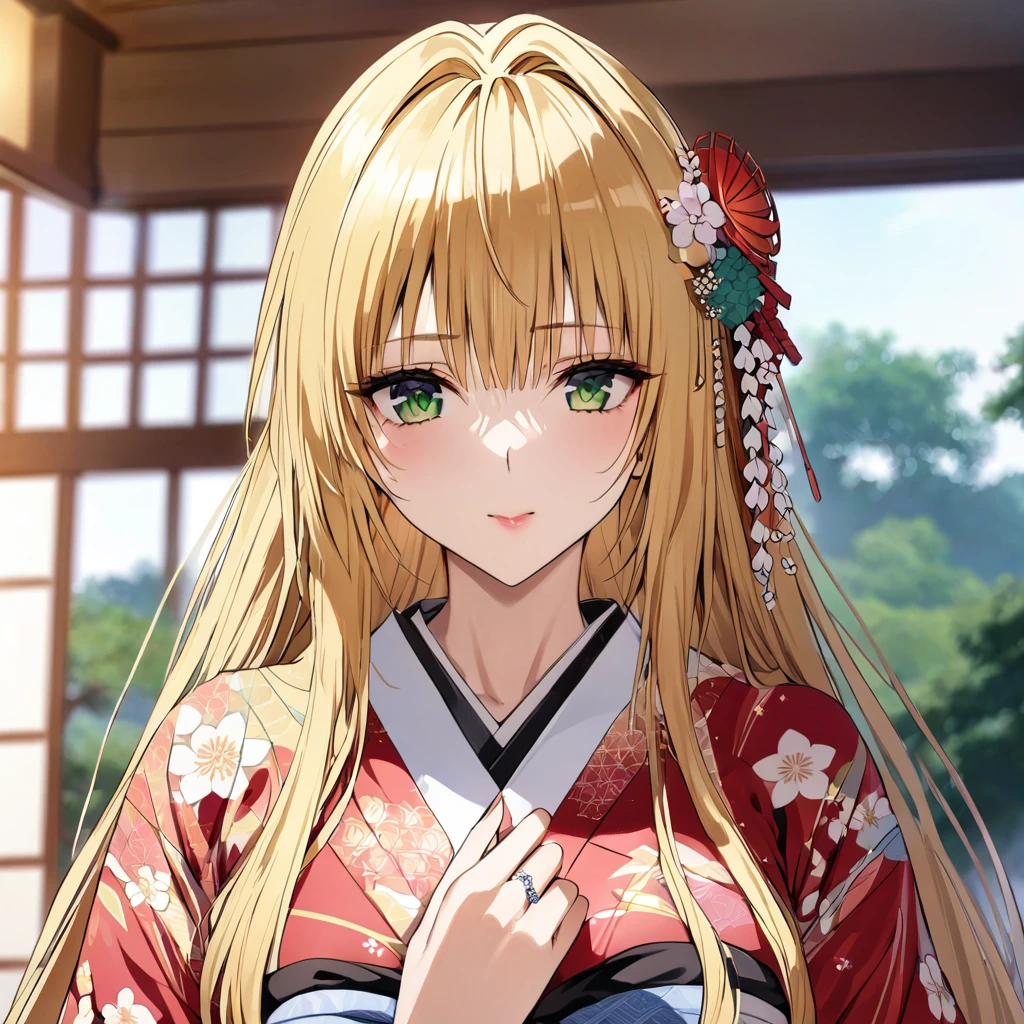((Highest quality)), ((masterpiece)), (detailed), （Perfect Face）、The woman in the Japanese garden is a Japanese Tiare, wearing a gorgeous and dazzling kimono, gorgeous hair ornaments, gorgeous jeweled accessories, and an engagement ring.、The woman is an elegant Tieryu with green eyes and blonde medium-long hair. The woman is a Japanese Tieryu wearing a Japanese kimono.