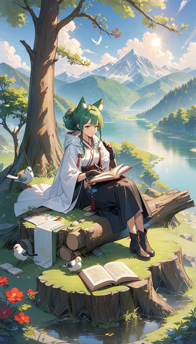 masterpiece, best quality,, 1 Girl, sit, animal, animal ears, bird, Black_hair, Book, Bookmark, Branches, Gloves, Grass, green hair, Keep, Keep Book, hood, hood down, leaf, Looking at the audience, multicolored hair, oPen_Book, partially fingerless Gloves, Pen, plant, pouch, 鹅毛Pen, read, sit, Smile, Solitary, Tail, Tree, Tree stump,, Sky, sun, Mountain, forest, lake
