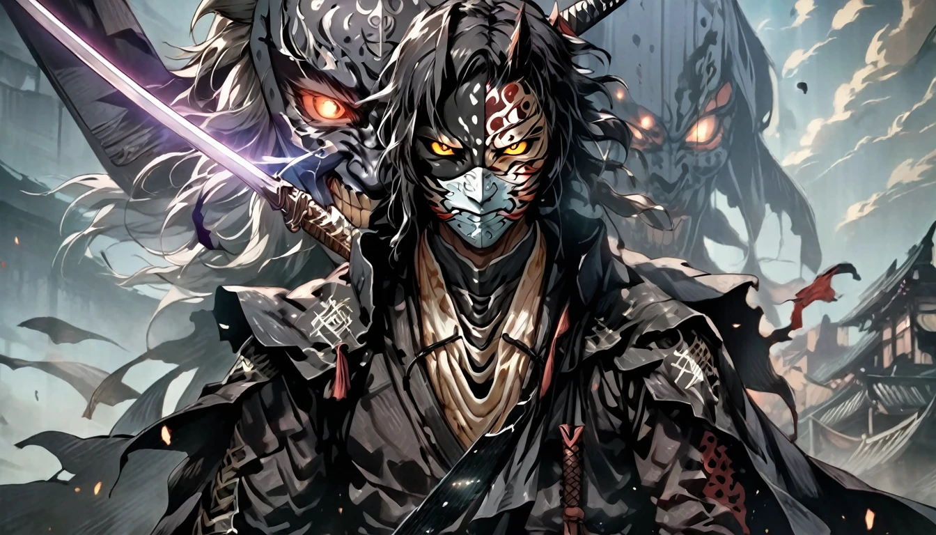 ninja mask, cape,close up, black heavy detailed clothes, katana, art, dark and malevolent, hand sword, armor, powerful and intimidating, (masterpiece, best quality, ultra-detailed, best shadow), (detailed background, dark fantasy) dramatic light, intricate details, dark and malevolent, powerful and intimidating, Dark and foreboding, malevolent force, sinister and chilling, armor, high detailed background, girl in demon slayer art, demon slayer art style, epic anime art, God death