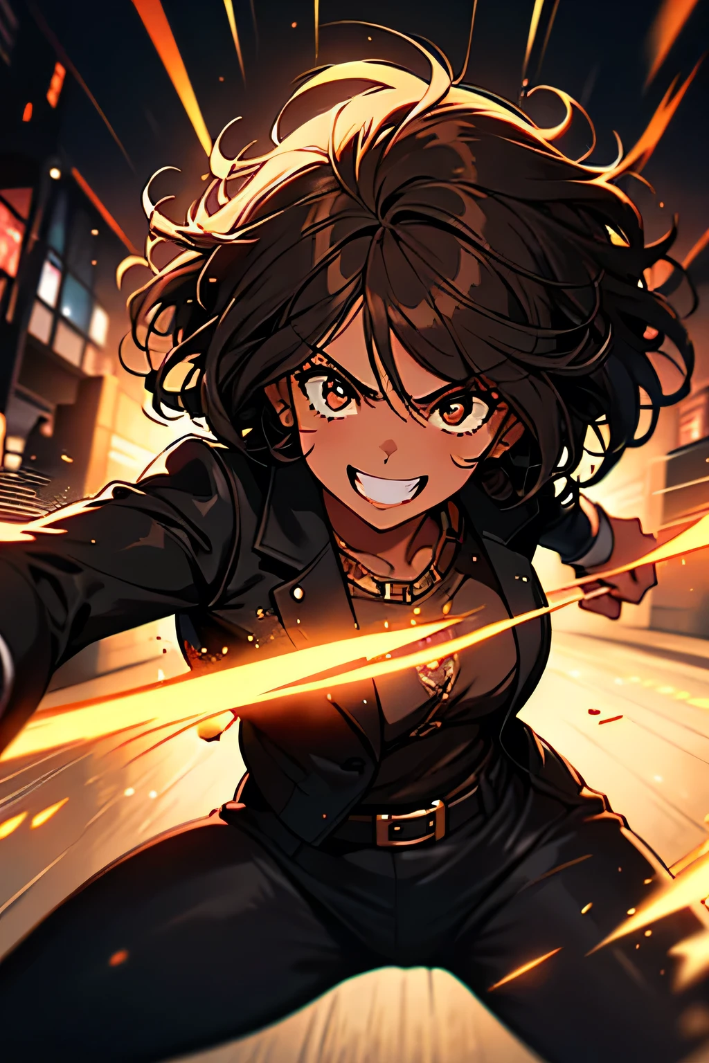 melhor qualidade)), ((Obra de arte)), (detalhado), 1 woman with black race, mulatta, frizzy curly hair, short hair, brown skin, brown eyes, black tight shirt, black pants, open black jacket, emo style, threatening appearance, frightening smile, in a tournament , during a fight