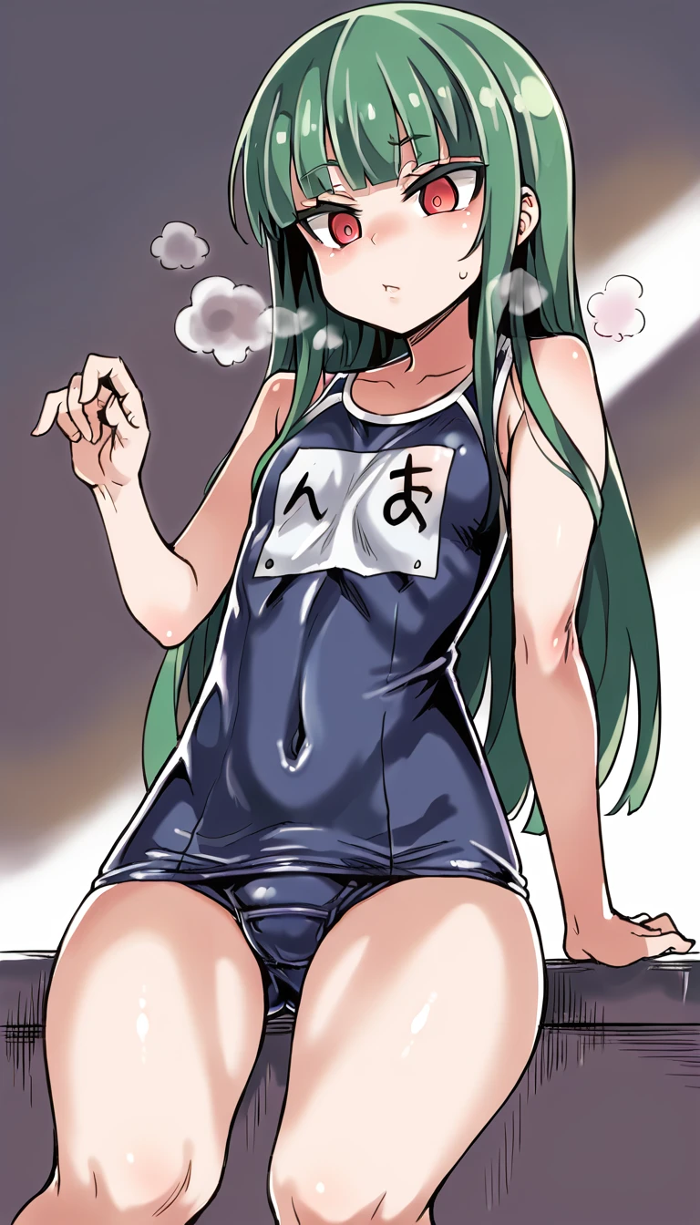 score_9, score_8_up, source_アニメ,アニメ style,empty eye,Green Hair,Red eyes,blunt bangs,long hair,Very young,cool eye,((1girl)),shiny skin,School swimsuit,Lewd,Heavy breathing