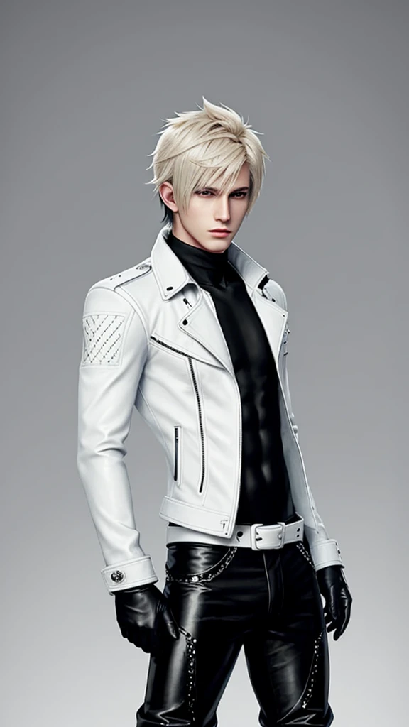 Final fantasy taste and reality graphics, Japanese young cute and cool ikemen  boy, his age is early 20s, thin eyebrows and beady eyes,  he wearing off white color leather thick singlebrest biker jacket, with epaulet,  must close the front of the leather jacket, jacket is biker style, jacket is voluminous, , jacket collar is high length stand-up collar with belts, jacket is a little black line pattern,close the front of the jacket, also wearing black thick turtleneck lackluster shirts,  tight black leather pants, shiny black leather tight and thin glove, black leather knee-high raceup boots,must views  head-to-toe,must views whole body, boy looks like fashion model,Do not show skin from the neck down,leather jacket leather glove and leather pants have few wrinkles,boy in the room,