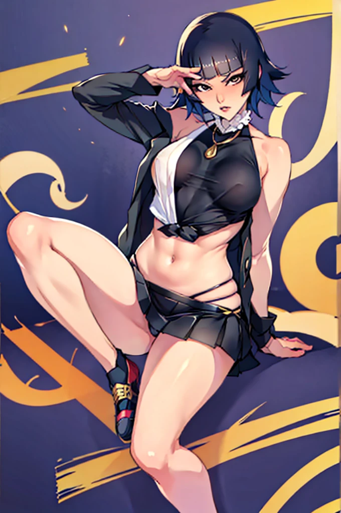 y beautiful woman, one woman, black hair, cute pose, pose, short hair, look at viewer, horce, legs focus, thick legs, casual clothes, short skirt