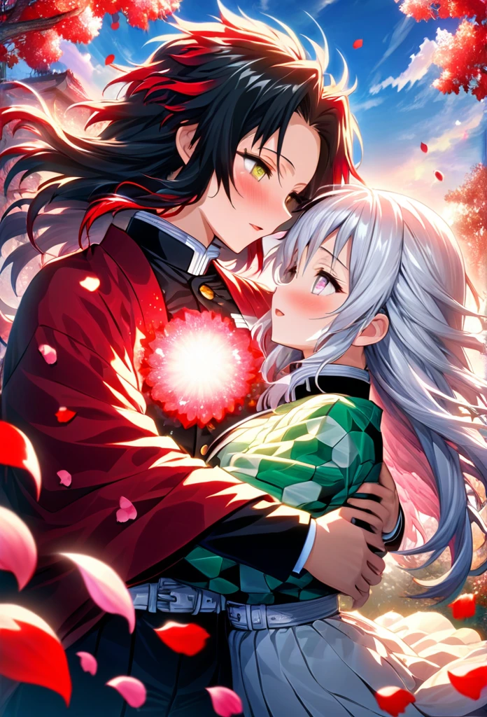 Ultra detailed, highres, absurdres, HDR, master piece, anime girl, pretty woman with white long hair with deep red streaks, girl with yellow eyes, the girl is using a red haori, black demon slayer uniform, Kimetsu No Yaiba, fantasy, petals, red flowers, pretty, Sanemi Shinazugawa, Wind Hashira, Sanemi Shinazugawa huging, romance, magic, sun, daylight, florest, best quality, extremely detailed face, love, passion, romance, anime, they are realy in love, love hug