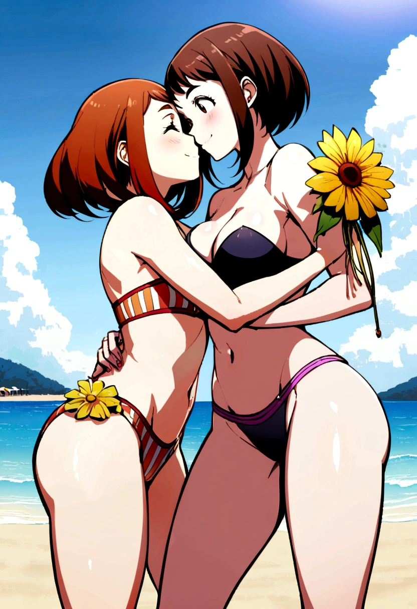 Two women standing. two women kissing. two women hugging. Ochako Uraraka, triangle top decorated stripes, medium breasts, hipster bikini decorated stripes, medium glutes, smiling. Jiro Kyoka, strapless decorated flowers, medium breasts, flower decorated thong, playa, noon. perfect bodies, perfect legs, perfect arms. perfect lighting