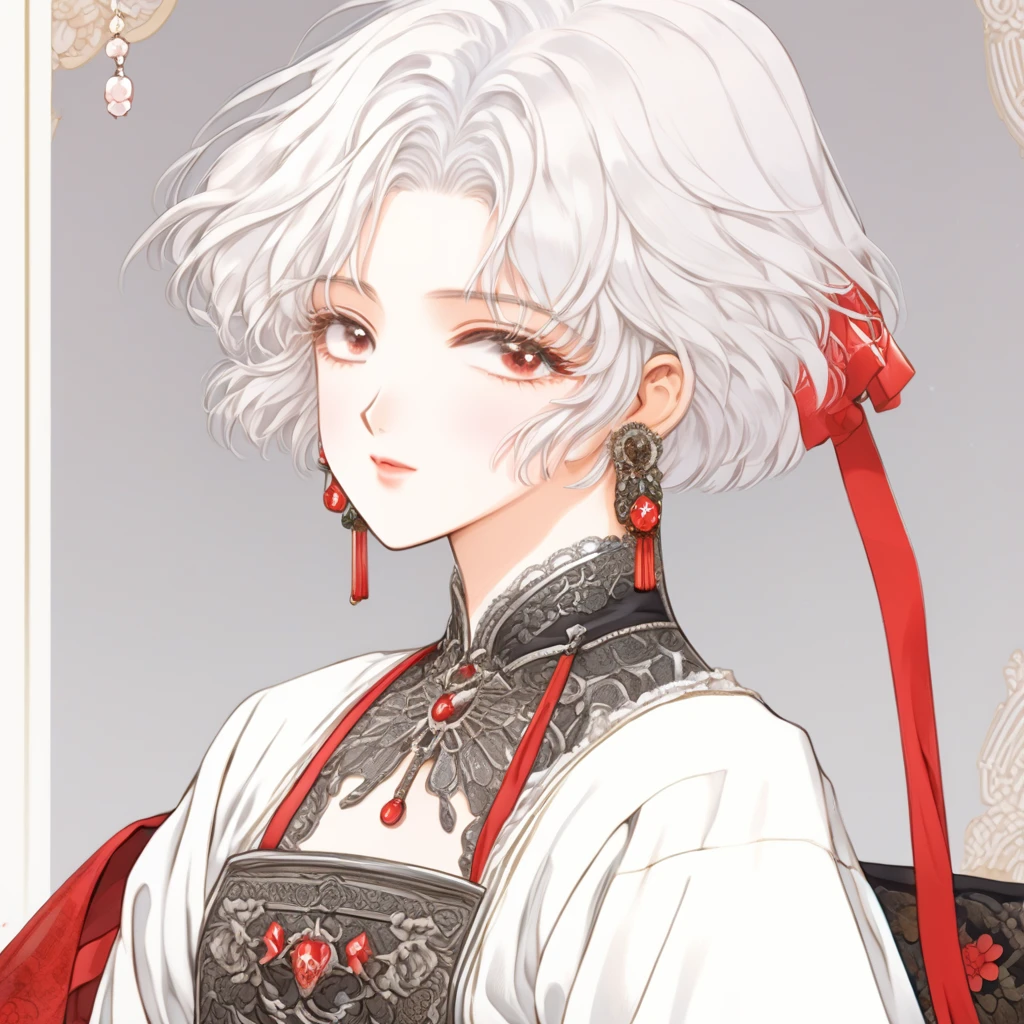 (masterpiece,best quality,ultra_detailed,highres,absurdres:1.2), very intricate detail, cute, pixiv, attractive quality, three-sided view, china dress, anime, girl, full body illustration, high definition, body facing forward, white skin, good looking woman,drakernd, short hair, white hair, red eyes, earrings, x hair ornament
