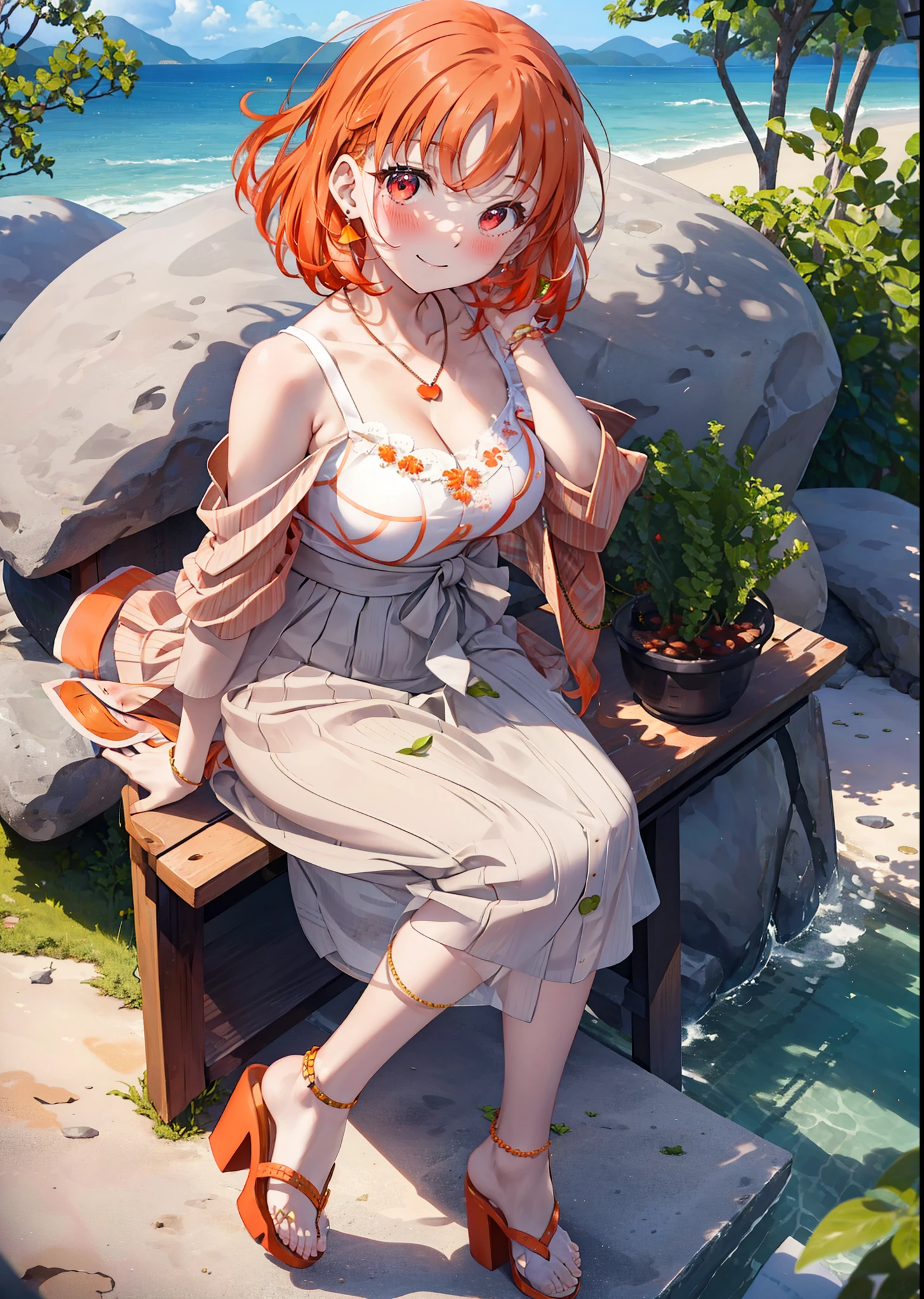 chika　takami,Orange Hair,Red eyes,smile,blush,Orange off-shoulder dress,Bare shoulders,bare clavicle,Bare neck,Heart-shaped necklace,Long skirt,Cute heeled sandals,Walking,Daytime,Clear skies,whole bodyがイラストに入るように break outdoors, Coastal Road,Building district, break looking at viewer, whole body, break (masterpiece:1.2), Highest quality, High resolution, unity 8k wallpaper, (figure:0.8), (Beautiful attention to detail:1.6), Highly detailed face, Perfect lighting, Highly detailed CG, (Perfect hands, Perfect Anatomy),