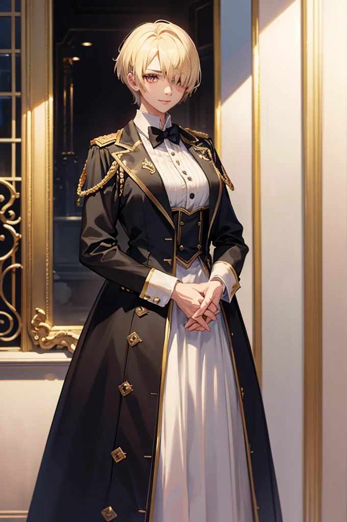 1 person, mature, (((Woman dressed as a man))),(((Butler))), count, viscount, Victorian era,(Barrette)、(((Hair on one eye)))、(((Blonde short hair))),(Red eyeedium Breast),smile、 suit, coat,  White gloves, Gold and red design, Black Shirt, No background, Absurd, High resolution, Super sharp, 8K, masterpiece, View your viewers, Are standing, No background, No background, White Background