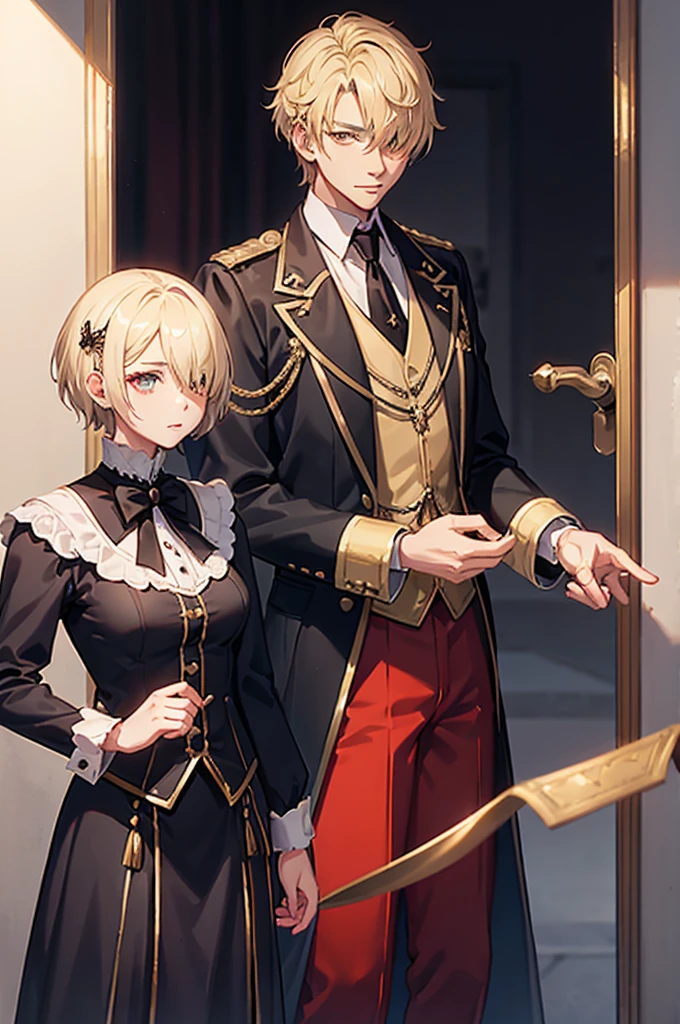 1 person, mature, (((Woman dressed as a man))),(((Butler))), count, viscount, Victorian era,(Barrette)、(((Hair on one eye)))、(((Blonde short hair))),(Red eyeedium Breast),smile、 suit, coat,  White gloves, Gold and red design, Black Shirt, No background, Absurd, High resolution, Super sharp, 8K, masterpiece, View your viewers, Are standing, No background, No background, White Background