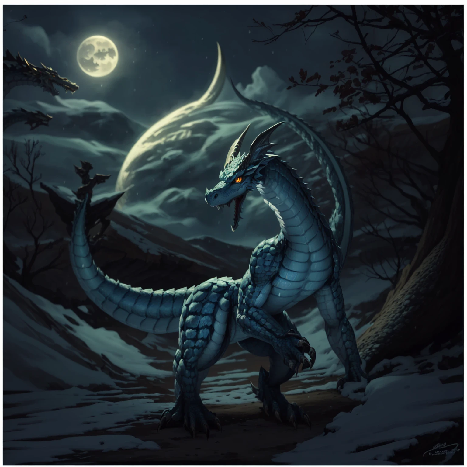 there is a dragon that is standing in the snow, dragon art mawshot, White Dragon with blue eyes, d&d dragon art commission, blue Dragon, dragon art, blue scaled dragon, jormungandr, anthro dragon art, Naga, anubis-reptilian, Ultraterrestrial Dragons, dragon our species, Naga-tirr