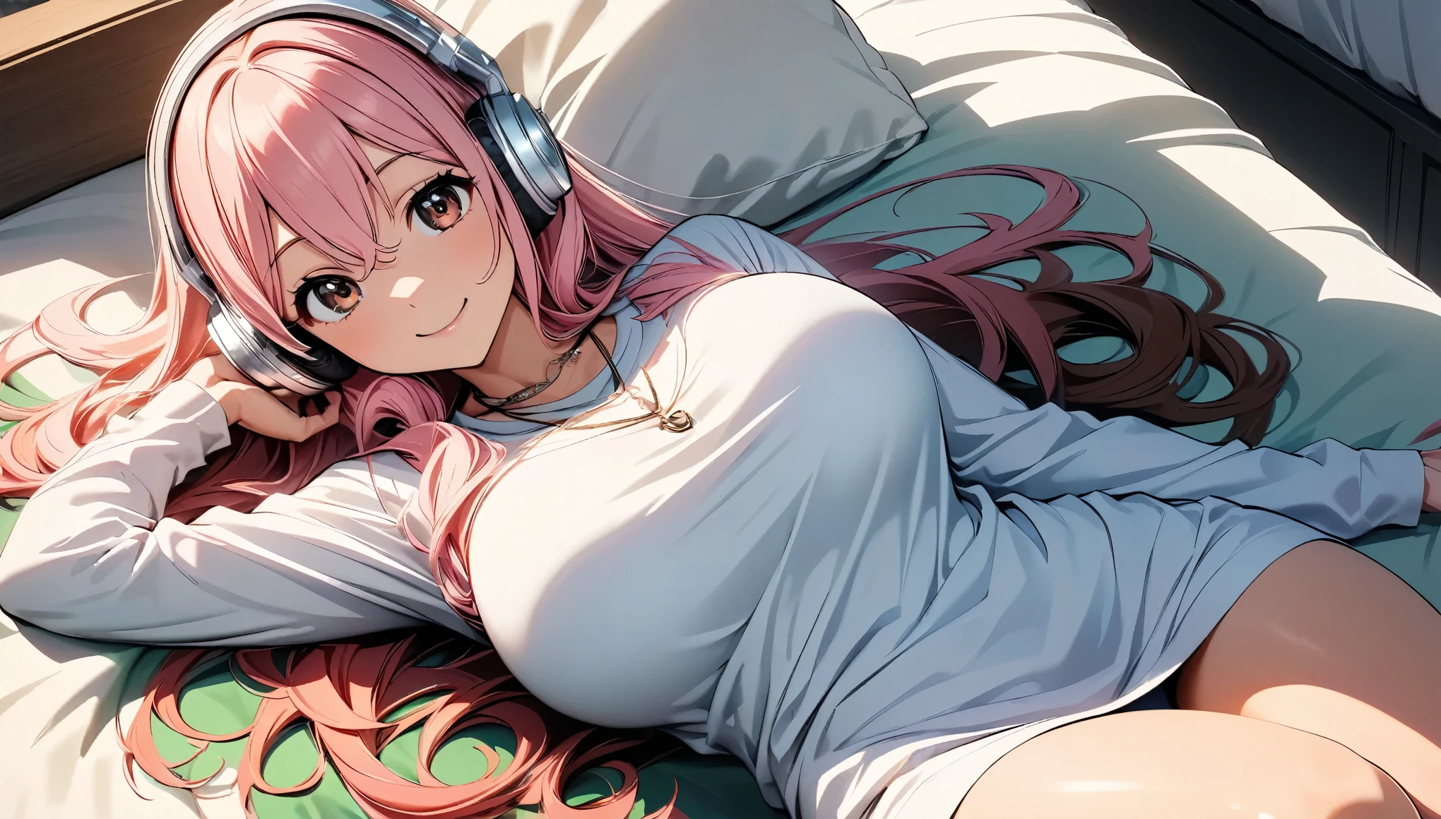 (Highest quality:1.2, animeスタイル, anime:1.2, Very detailed, Latest, Vibrant, digital coloring, High Contrast, masterpiece:1.2, Highest quality, Best aesthetics), (((supersonic, Super Sonico:1.2, 1 Female))), Pink Hair, Long Hair, Gradient Hair, Reddish brown eyes, ((Big Breasts:1.2)), Silver_Headphones, Pink hoodie, necklace, Denim hot pants, Beautiful thighs, Black boots, smile:1.2, Random Pause, Dance Motion, Cowboy Shot, Simple Background.