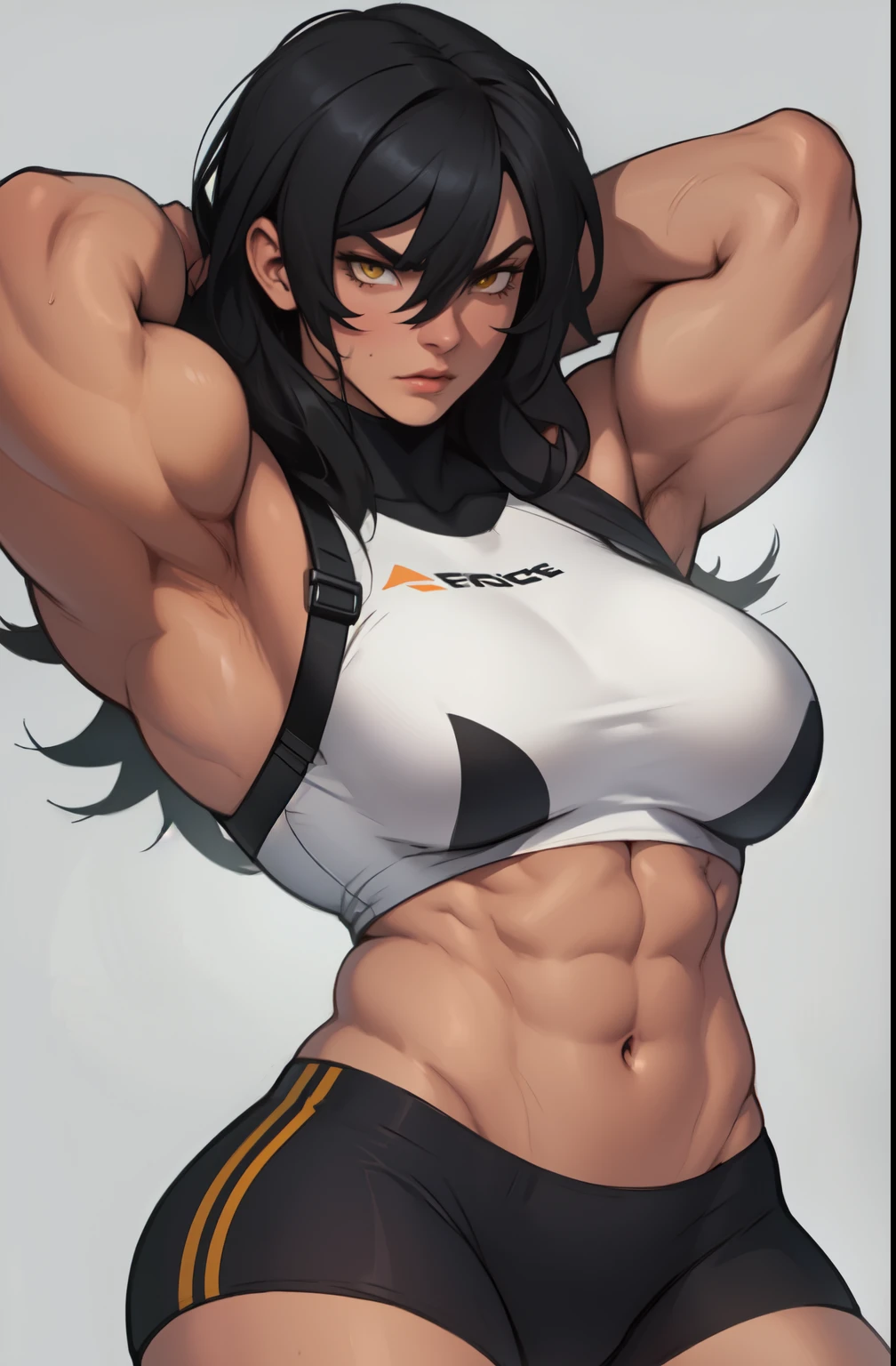 (((((muscular girl breasts))))) angry pale skin black hair yellow eyes best quality