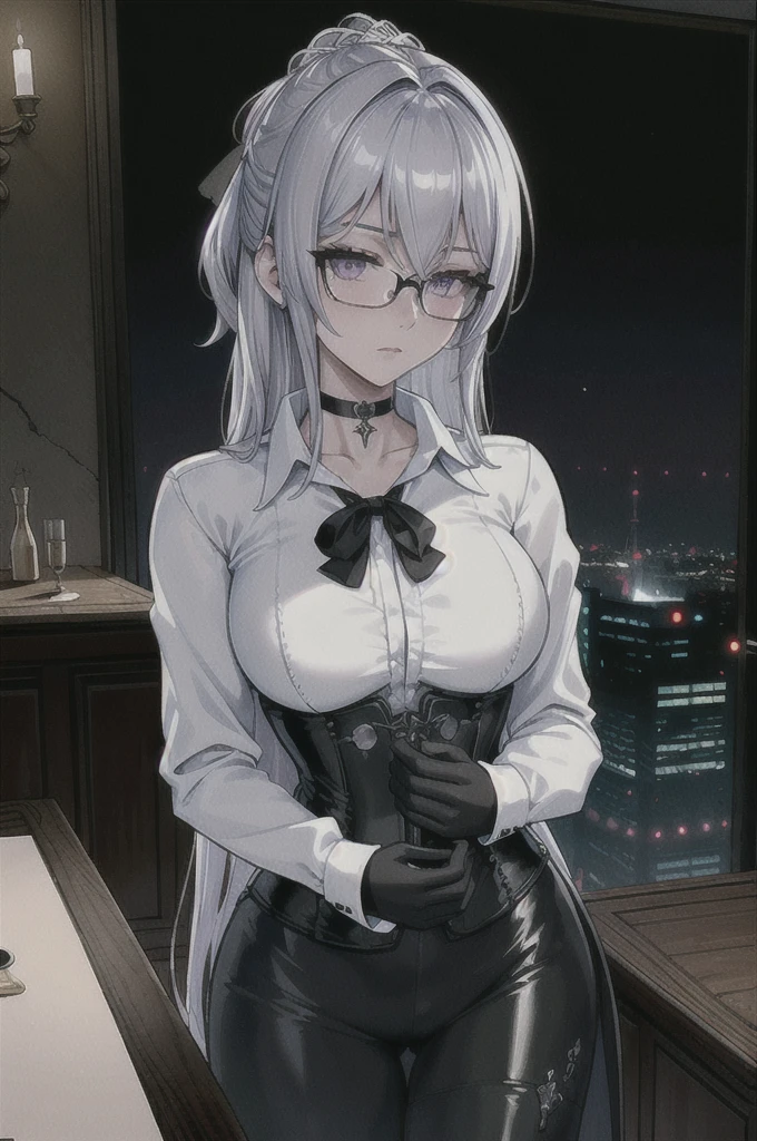 Masterpiece, Beautiful art, professional artist, 8k, art style by sciamano240, rostro de Bronya Zaychik, detailed body, Very detailed face, very detailed eyes, Detailed clothing, detailed fabric, Best Quality, better resolution, 1 girl, front view, standing, big breasts, serious expression, at night , silver hair, glasses, choker:1.6, (long sleeve white collar buttoned shirt), (shiny black corset), black gloves covering your hands, holding a gun with the right hand, (shiny black leggings), looking at the viewer, elegant dining room, at night