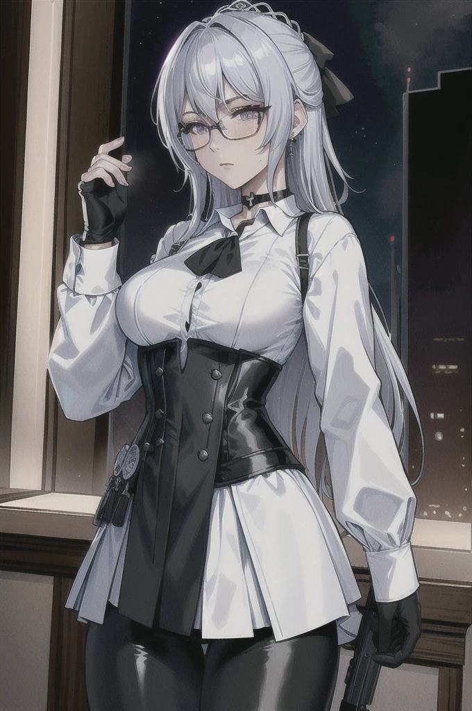 Masterpiece, Beautiful art, professional artist, 8k, art style by sciamano240, rostro de Bronya Zaychik, detailed body, Very detailed face, very detailed eyes, Detailed clothing, detailed fabric, Best Quality, better resolution, 1 girl, front view, standing, big breasts, serious expression, at night , silver hair, glasses, choker:1.6, (long sleeve white collar buttoned shirt), (shiny black corset), black gloves covering your hands, holding a gun with the right hand, (shiny black leggings), looking at the viewer, elegant dining room, at night