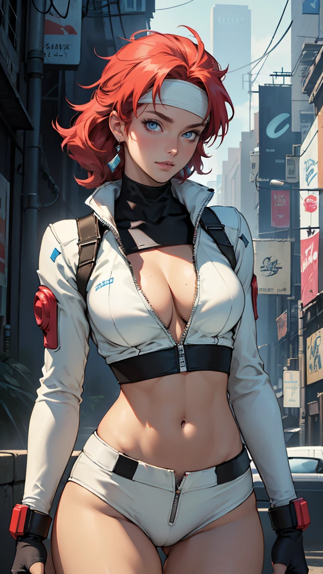 ((Masterpiece, highest quality; 1.3)), super quality, beautiful detail, super detailed, extra fine, 16K, exquisite, absurd, high resolution, beautiful background, detailed background, beautiful eyes, beautiful skin, anime style, Kay from Dirty Pair in a white outfit, tight outfit, cleavage, bushy redhead beauty, very light blue uniform, wearing tight clothes, skimpy, (mid chest: 1.2), cleavage, cleavage, slim waist , thin waist, slim thighs, thin legs, slim legs. thigh gap, showing stomach, skinny, thin hips, cyberpunk city background, holding retro space gun , headband, 