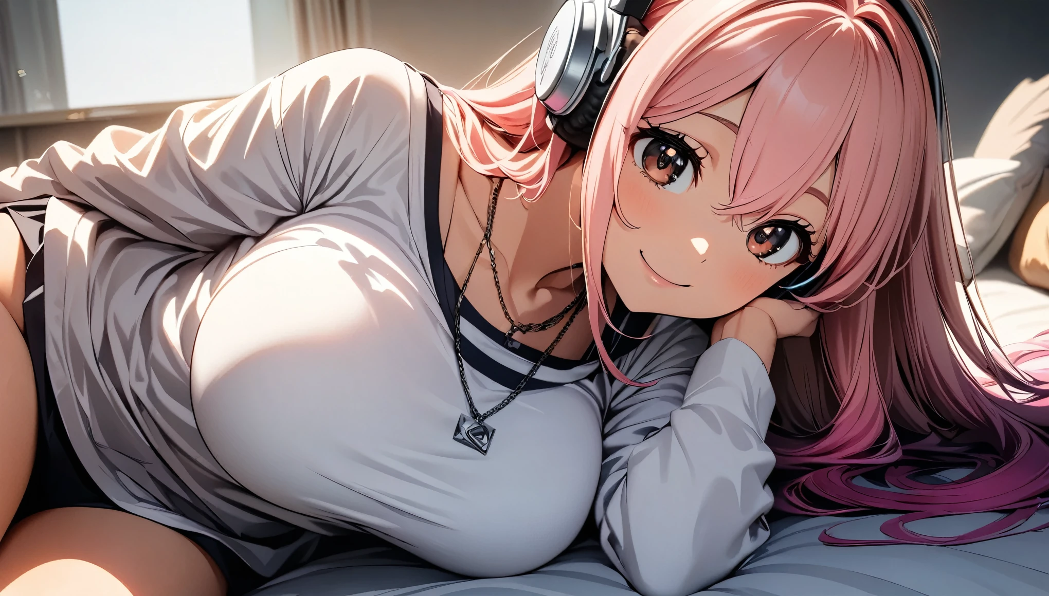 (Highest quality:1.2, animeスタイル, anime:1.2, Very detailed, Latest, Vibrant, digital coloring, High Contrast, masterpiece:1.2, Highest quality, Best aesthetics), (((supersonic, Super Sonico:1.2, 1 Female))), Pink Hair, Long Hair, Gradient Hair, Reddish brown eyes, ((Big Breasts:1.2)), Silver_Headphones, Pink hoodie, necklace, Denim hot pants, Beautiful thighs, Black boots, smile:1.2, Random Pause, Dance Motion, Cowboy Shot, Simple Background.
