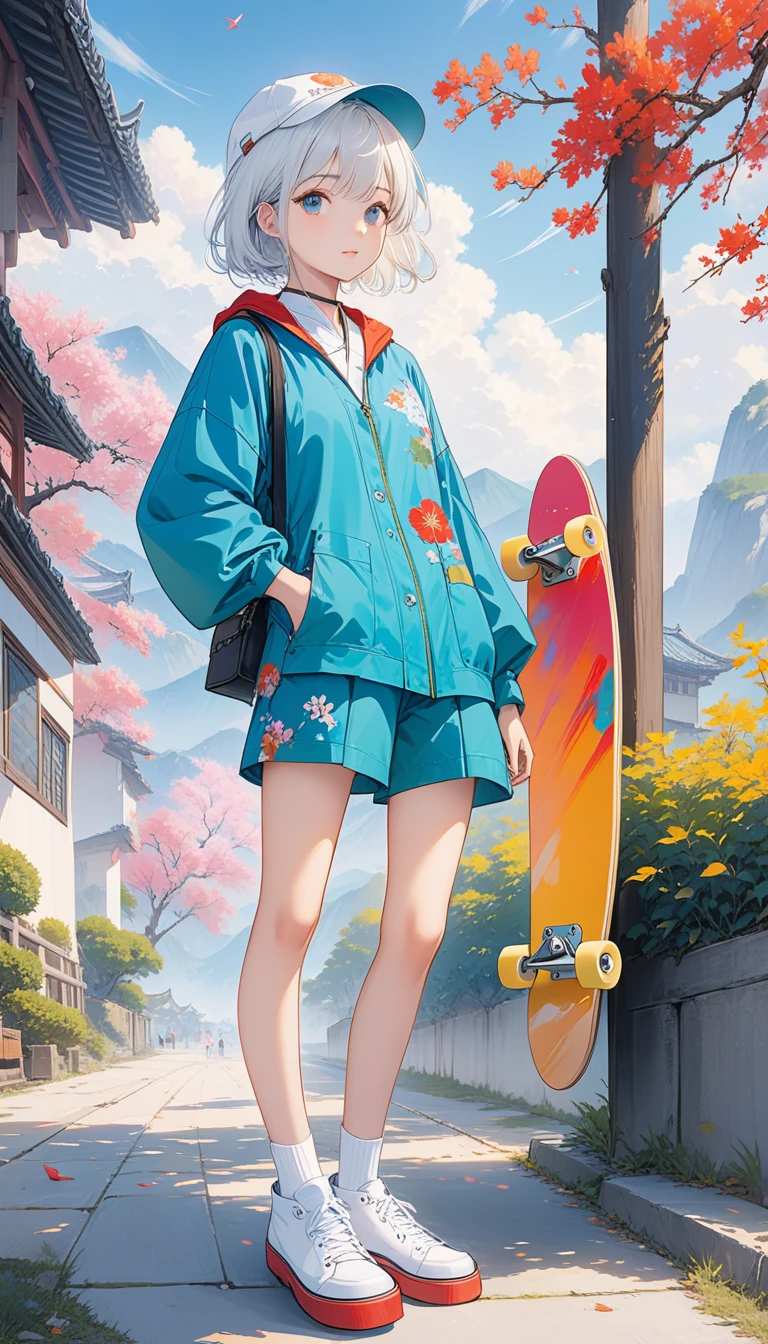 masterpiece, 最好of质量, (非常详细of CG unity 8k 壁纸) (最好of质量), (Best Illustration Award), 最好of影子, (一个玩滑板of女孩: 1.3), 13 years old, 可爱of, Short white hair, cap, Sweet and cool, 眼睛闪亮of细节, (Colorful flight suit), Fashion shorts, (Colored Skateboard: 1.1), 粉色of, of, 蓝色of, street, rock, (最好of质量, 令人惊叹of细节: 1.25), (独自of), 绚丽多彩of画作