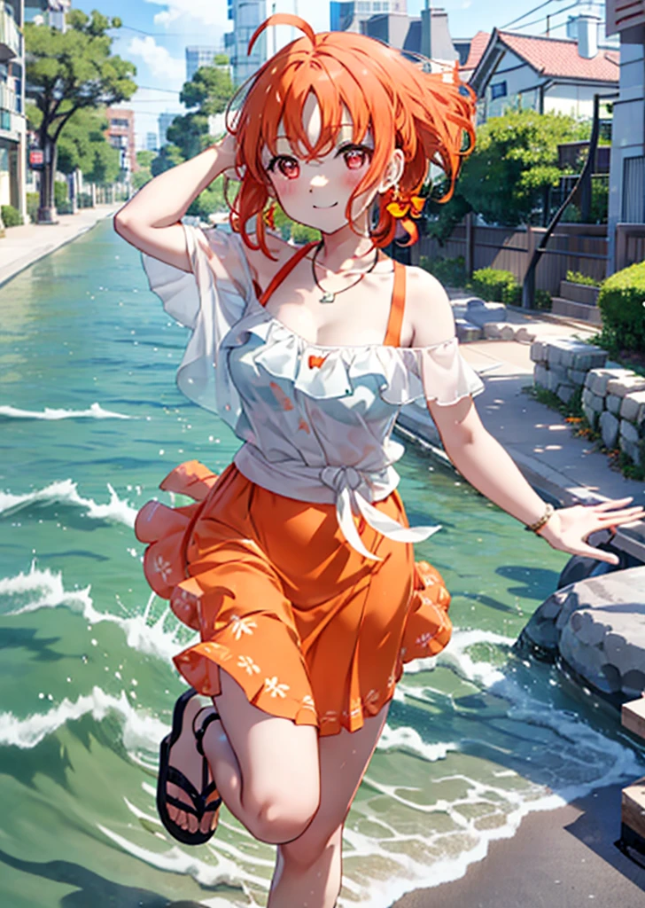 chika　takami,Orange Hair,Ahoge,Red eyes,smile,blush,Orange off-shoulder dress,Bare shoulders,bare clavicle,Bare neck,Heart-shaped necklace,Long skirt,Cute heeled sandals,Walking,Daytime,Clear skies,whole bodyがイラストに入るように break outdoors, Coastal Road,Building district, break looking at viewer, whole body, break (masterpiece:1.2), Highest quality, High resolution, unity 8k wallpaper, (figure:0.8), (Beautiful attention to detail:1.6), Highly detailed face, Perfect lighting, Highly detailed CG, (Perfect hands, Perfect Anatomy),