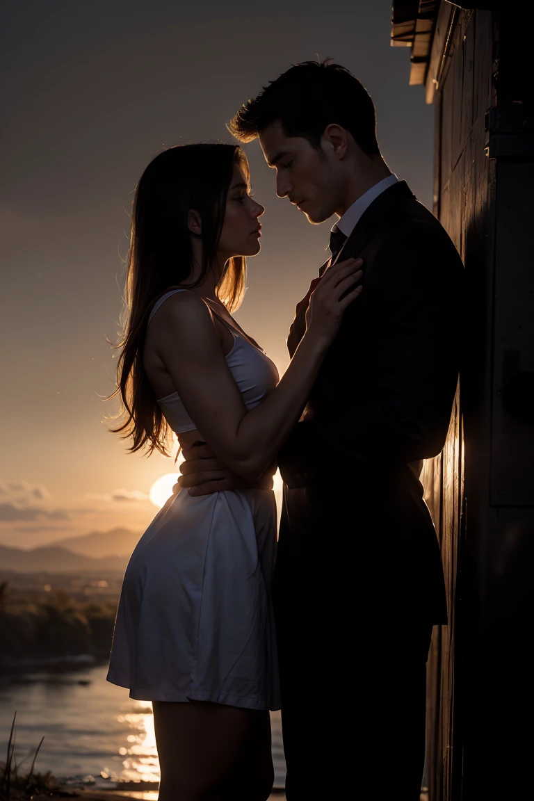 A melancholic yet romantic scene that captures the essence of forbidden love. A woman standing in the foreground, looking conflicted and trapped, while a man stands in the background, gazing at her with deep, unspoken love. The setting is a twilight landscape, blending shadows and warm tones to symbolize longing and hope. The background shows a distant, shadowy figure of another man, representing the barrier between the two lovers. The overall atmosphere is dreamy and evocative, setting the tone for a story of passion, sorrow, and yearning