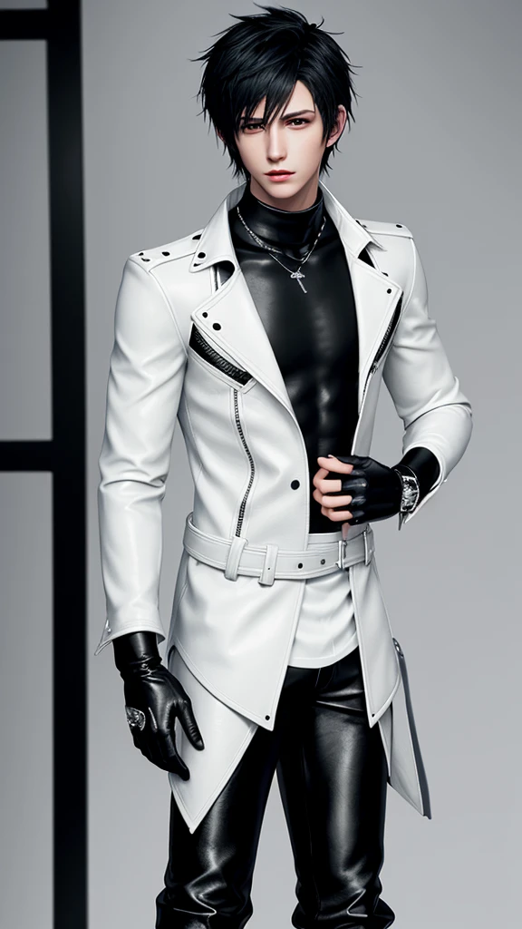 Final fantasy taste and reality graphics, Japanese young cute and cool ikemen  boy, his age is early 20s, thin eyebrows and beady eyes,  he wearing off white color leather thick singlebrest biker jacket, with epaulet,  must close the front of the leather jacket, jacket is biker style, jacket is voluminous, , jacket collar is high length stand-up collar with belts, jacket is a little black line pattern,close the front of the jacket, also wearing black thick turtleneck lackluster shirts,  tight black leather pants, shiny black leather tight and thin glove, black leather knee-high raceup boots,must views  head-to-toe,must views whole body, boy looks like fashion model,Do not show skin from the neck down,leather jacket leather glove and leather pants have few wrinkles,boy in the room,