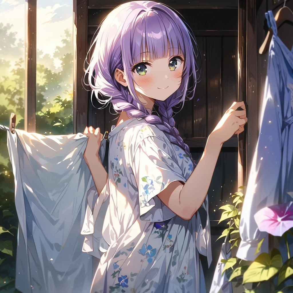 masterpiece, ultra detailed, 8K, full body shot,, a girl, kawaii, light atmosphere, (Cute a girl:1.5), (one girl with pale purple hair, wavy two braids, blunt bangs hair, green and black eyes :1.4), anime visual, (tilt head:1.3), extremely delicate face, realistic lighting and shading, (an extremely delicate and beautiful art:1.3),Watercolor painting, blush,
back view, Wearing a white yukata Morning glory pattern A girl hanging out laundry on a clothesline, smiling and greeting viewer,look at viewer,morning lit,