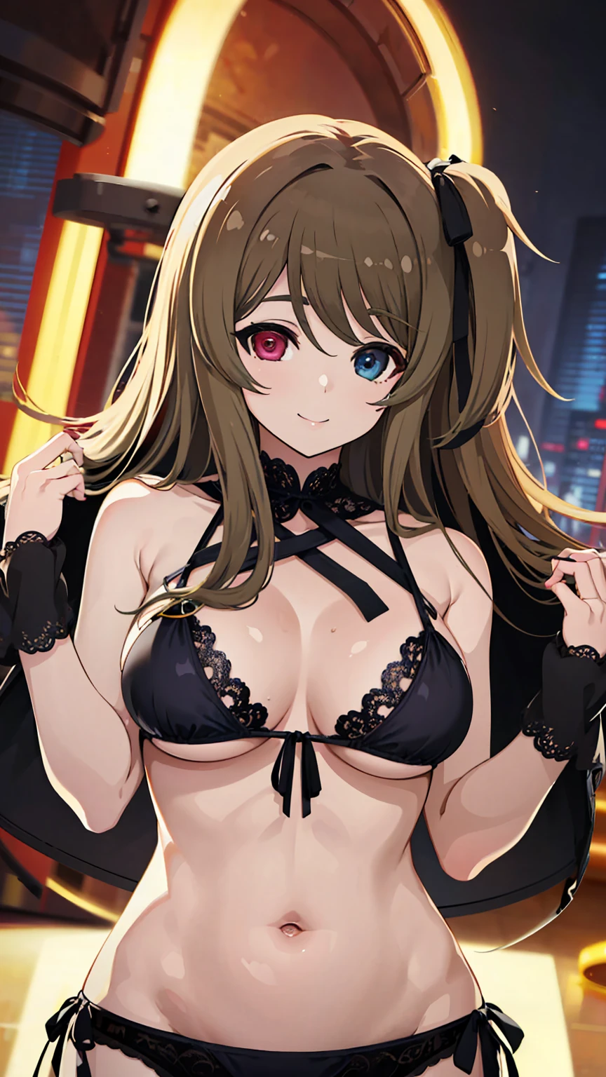 High resolution,masterpiece, Highest quality, Kuo Shenlin , heterochromia , Brown hair, smiling , (((busty))), 1girl, sensual body, Her cheeks flushed, Gravure photography , sexy bikini model, black bikini