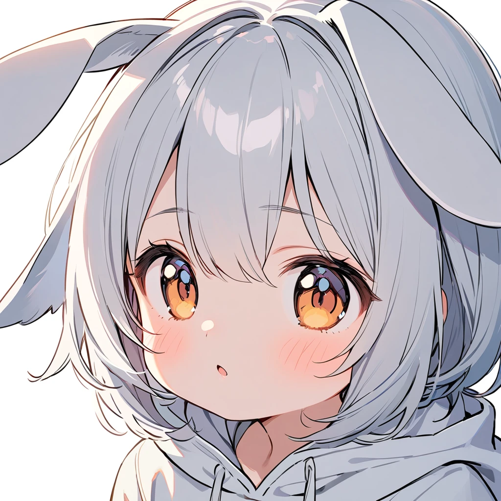 a little cute girl,wearing rabbit ear white hoodie,white background