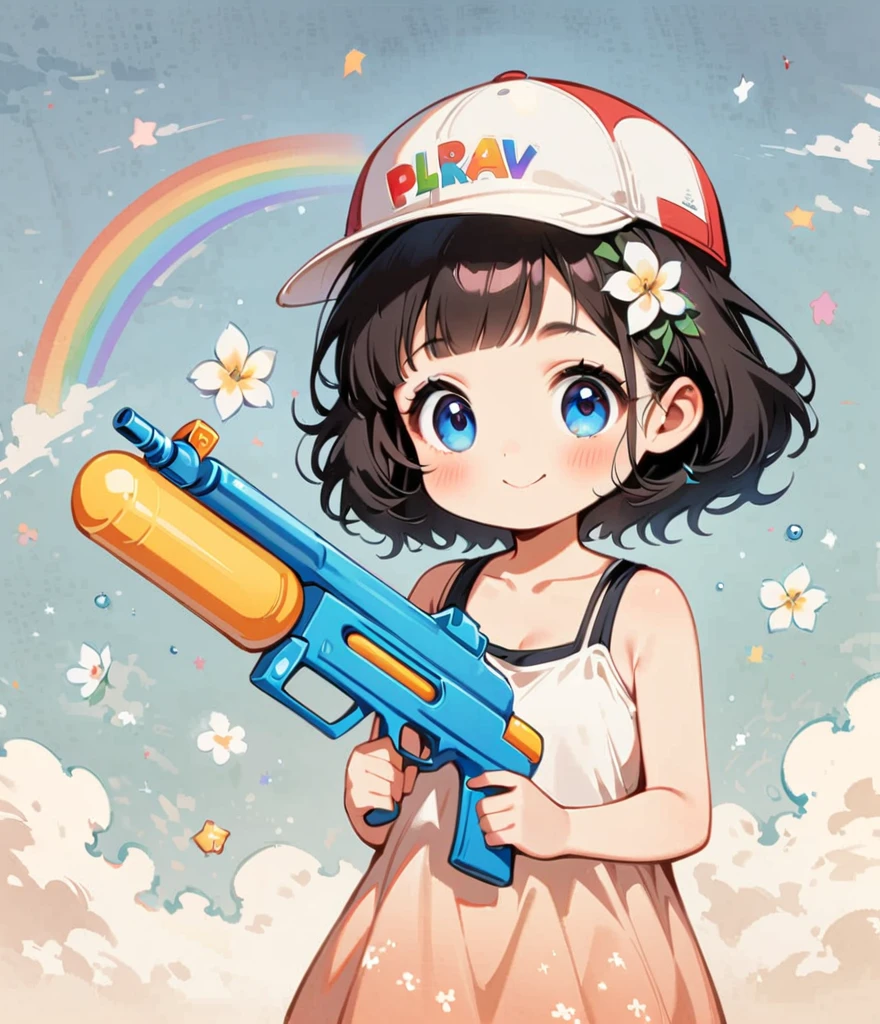 Sports Caps、２０代のolder sister、Draw a rainbow with a blue sky background、Short black hair、older sister、Play with a water gun、Gardenia flowers、large white flowers、Cartoon style character design，1 Girl, alone，Big eyes，Cute expression，Tank top、interesting，interesting，Clean Lines