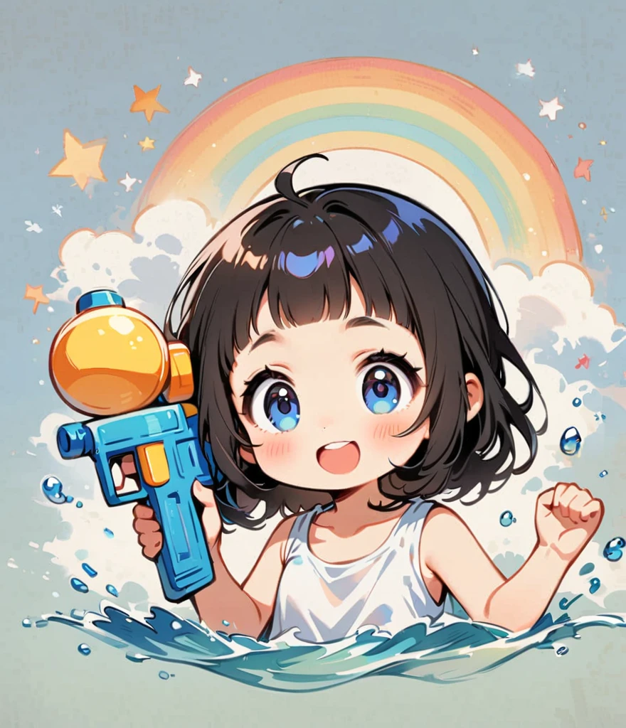 Sports Caps、２０代のolder sister、Draw a rainbow with a blue sky background、Short black hair、older sister、Play with a water gun、Gardenia flowers、large white flowers、Cartoon style character design，1 Girl, alone，Big eyes，Cute expression，Tank top、interesting，interesting，Clean Lines